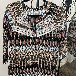 NY Collection Black and White Graphic Blouse with Mandarin Collar